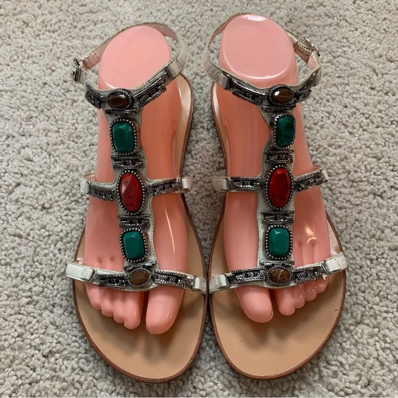 Women's BCBGeneration White Leather JEWELED GEMSTONE Strappy GLADIATOR SANDALS - Picture 4 of 8